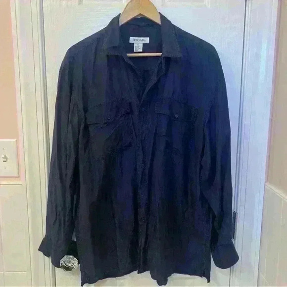 BOGARi 100% Silk Men’s Navy Button Up Size L - Picture 1 of 7